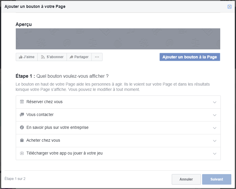 Modification du bouton d'actions facebook créer une page Facebook